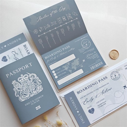 Dusty Blue Wedding Invitations With Boarding Pass and Passport, Concertina Invites - Etsy