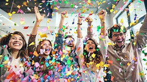 Professionals from various sectors celebrating a successful project completion on social media, highlighting the power of collaboration