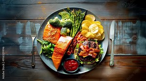 Healthy food alternatives. Split-screen comparison between healthy vegetables broccoli, asparagus, avocado and unhealthy fatty harmful hamburger, chips, mayonnaise and french fries. Lifestyle choiсe