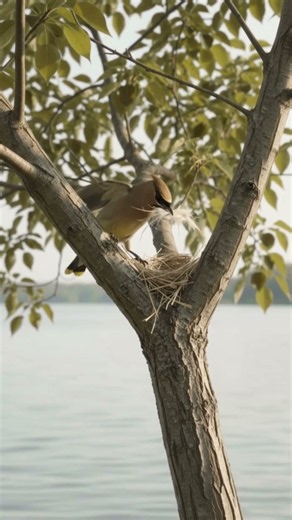 Cedar Waxwing Builds a Nest by the Lake 🐦🌿