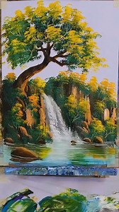 Spring tree easy on waterfall mountains reflection tutorial. . . . #artforbeginners #canvasart #acrylicpainting #landscapepainting #drawtree #arttutorial | Nara Art
