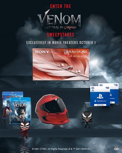 Enter the Venom: Let There Be Carnage Sweepstakes for your chance to score The Best of Sony Prize Pack and more. NO PURCHASE NECESSARY: Void where prohibited. Must be a Sony Rewards member, 18 , permanent legal resident of 50 U.S. (D.C). Ends 11/20/21. Entry/prize restrictions apply. For official rules, visit https://sonyrewards.promo.eprize.com/venom/. Sponsor: Sony Electronics Inc. | Sony Pictures