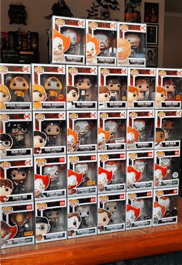 My It Chapter One & Two Funko Pop collection🤡 I have some others like the 10 inch, sewer drain moment and Funhouse as well. I had so many more like the different colored eye variants but sold them over the years. Love this collection. #itwelcometoderry #pennywise #collection #it #stephenking