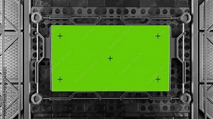 Grunge, concrete. Sci-fi blank billboard with green screen. Cyberpunk billboard with crosses for motion tracking. Billboard in futuristic hangar. Futuristic blank white billboard mockup.