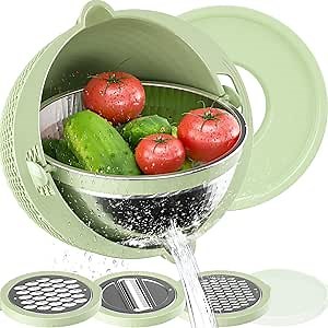 4-1 Colander with Fruit Bowl Set - Colander for Kitchen, Rotatable Strainers and Colanders(Patented), Pasta Strainer with New Upgraded Graters for Fruit, Veggie, Aesthetic Kitchen Essentials - Green