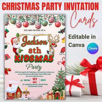 Editable Kids Christmas Birthday Invitation Template for Canva | Santa Reindeer