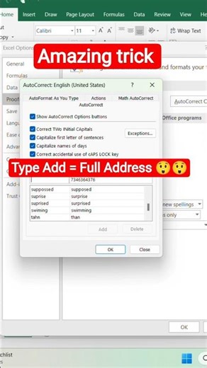 Excel AutoCorrect Trick type add - full address 😲😱😱#excel #shorts #exceltutorial #autocurrect in exc