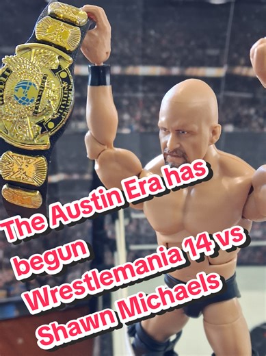 Wrestlemania 14 in 1998 was very much a changing of the guard. The WWE Champion Shawn Michaels had a well documented bad back and was going to be taking an extended time away from the company. Enter Stone Cold Steve Ausrin. The table had been set at King of the Ring 1997 with the famous Austin 3:16 promo. Austin was as over as over gets and was white hot when he won the Royal Rumble in January of 1998 which lead to a Wrestlemania Main Event against the Champion. #fyp #wrestling #wrestlingfigures