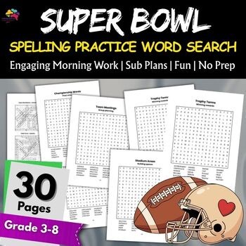Super Bowl Word Search Puzzle Spelling Practice Activity 4th,5th,6th,7th,8th,9th