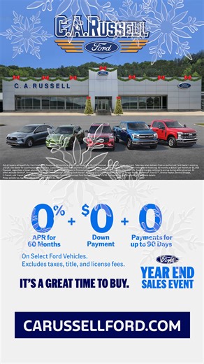 C. A. Russell Ford on Instagram: "❄️ Brrrrrr! ❄️ Are you cold? Our Year-End Savings at C. A. Russell Ford will heat you up! ☀️☀️☀️ ☑️ ZERO percent APR for 60 months* ☑️ ZERO down payment* ☑️ ZERO payments for 90 days (on select new Ford models)* And it’s Commercial Truck Season! 💪 Make your fleet purchases now before the year ends! Buy your new Ford now at C A Russell Ford and you can get a BIG RED BOW to go on top! Just ask us about a Gift Bow 🎀🎄🎁 *Not all buyers will qualify for Ford Credi