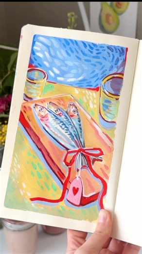 Three drawing prompts decided this drawing. Fish + gift + Van Gogh style 🐠 did I pull that off?