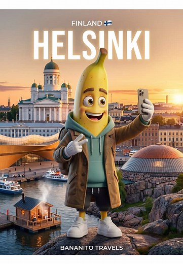 Bananito arrived in Helsinki , Finland 🇫🇮 , where should we go next ? #finland #helsinki #travel #aifruit #unitedkingdom
