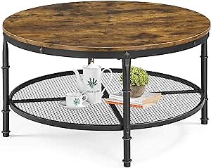 Yaheetech 35.5 Inch Round Coffee Table，Wooden 2 Tier Circle Coffee Table for Living Room, Industrial Coffee Table Set for Small Space, Rustic Brown