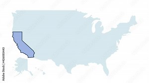 US california state map animation. United states of America country - high detailed motion illustration map. 4k animated video with blinking red and blue highlighted state with alpha matte.