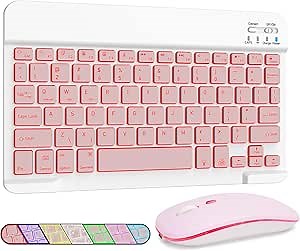 7 Colors Backlit Universal Bluetooth Keyboard and Mouse, Ultra-Slim Rechargeable Wireless Keyboard and Mouse for iPad/iPad mini/iPad Air iPad Pro/iPhone/iOS/Windows/Android Tablet/PC/Laptop, Pink