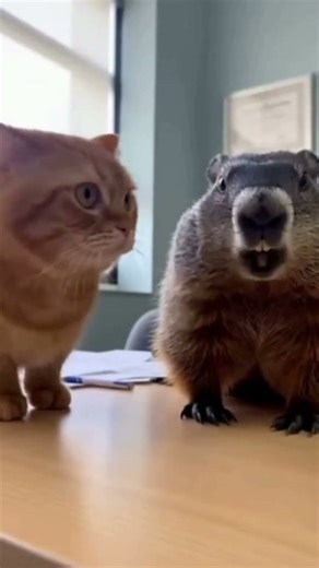 Cat & groundhog hear there’s only ONE spot left… boom. #cat #groundhog #funny #viral