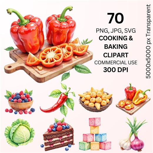 Cooking & Baking Clipart Bundle 70 Food Illustrations PNG JPG SVG, Kitchen Ingredients, Desserts and Vegetables for Commercial Use - Etsy Canada