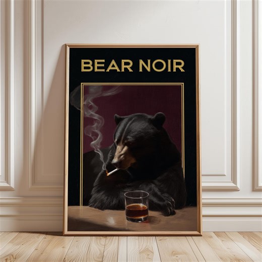 Bear Noir Poster : Black Bear Wall Art, Dark Academia Decor, Moody Whiskey Bar Cart Decor - Etsy