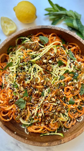 Number 23 of Fifty Fantastic Salads is this easy Spiralized Vegetable Salad. It’s honestly the easiest side salad to throw together. Topped with roasted pumpkin seeds, it’s such an easy and delicious option. I used the spriralizer attachment from @magimixuk to make this salad (which was a gift) but you can also use a veggie peeler and cut into ribbons. The recipe is my version of a recipe in the magimix recipe book I got with the attachment. You can find my version on helenridgeway.com #fiftysal