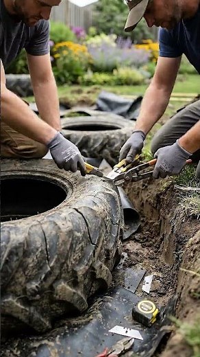 DIY Stone Pond Built From Recycled Tires.