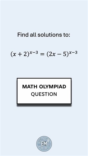 ElectricalMath on Instagram: "Most people only find TWO solutions to this equation. Can you find the third one before the video ends? 🧐 This classic algebra puzzle is a staple in math competitions because it looks simple but hides a “ghost” solution. It’s all about case analysis: 1️⃣ When the exponents are zero. 2️⃣ When the bases are equal. 3️⃣ The one everyone forgets... when the bases are negatives of each other! Where you’ll see problems like this: 📍 AMC 10 / AMC 12 (American