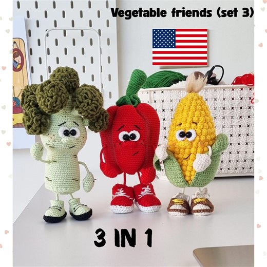 Crochet Vegetable Patterns PDF Combo – Broccoli Corn Pepper – Amigurumi Vegetable Toy – Beginner Crochet Pattern – 3 Patterns in 1 - Etsy