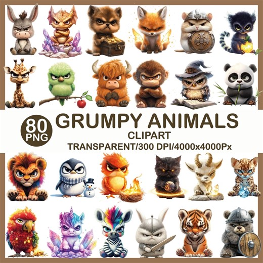 Grumpy Animals Clipart | Funny Angry PNG, Fantasy Creatures (80 PNG Bundle) - Etsy