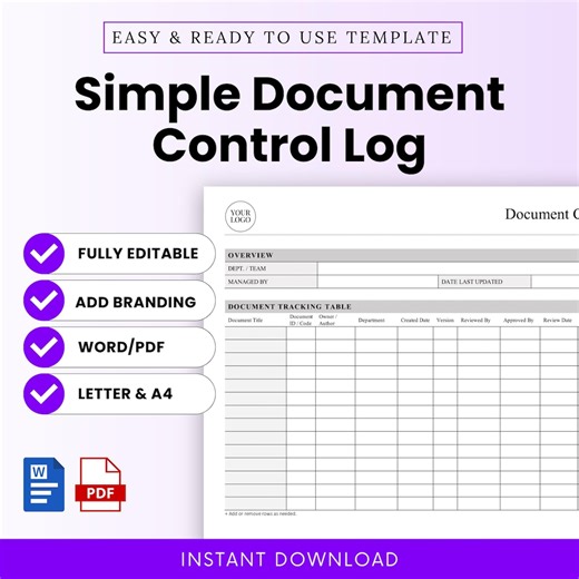 Simple Document Control Log Template - Word & PDF, A4   US Letter - Etsy UK