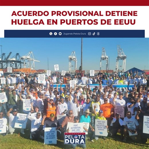 Acuerdo provisional detiene huelga en puertos de EEUU - - El sindicato, la Asociación Internacional de Estibadores (ILA, por sus siglas en inglés) y la Alianza Marítima de los Estados Unidos (USMX, pos sus siglas en inglés), suspendieron la huelga hasta el 15 de enero de 2025, ampliando así el plazo para que la USMX negocie un posible nuevo contrato colectivo de seis años. El sindicato compuesto por unos 45,000 trabajadores, reanudará sus labores, tras alcanzar un acuerdo preliminar en el salari