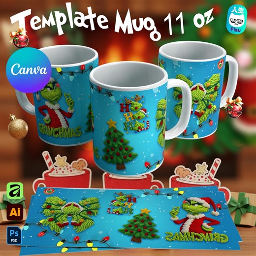 Grinch Crochet Mug Template – Editable in CANVA, PDF, and PSD, Mug, Template, Sublimation, 11 Oz. - Etsy