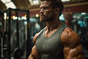 Closeup portrait of a handsome man at gym. Strong bodybuilder with six pack muscular chest and shoulders in gym. Fitness, bodybuilding and workout concept