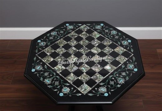 Handmade Black Marble Chess Table With Abalone Inlay – Octagonal Luxury Board (15") - Etsy