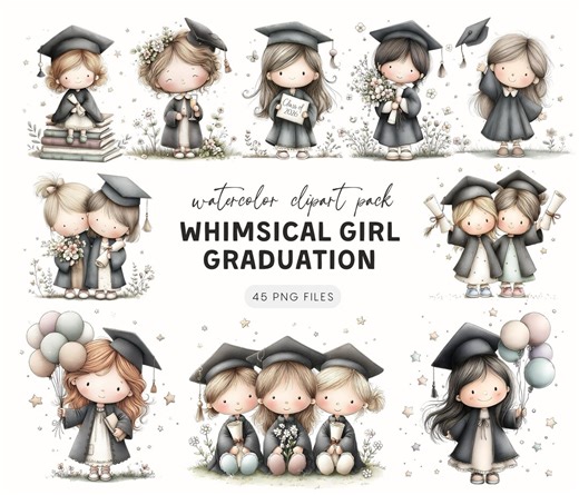 Whimsical Girl Graduation Clipart – Watercolor Graduates With Cap Diploma Flowers for Creating Unique Graduation Cards, Digital Supplies - Etsy
