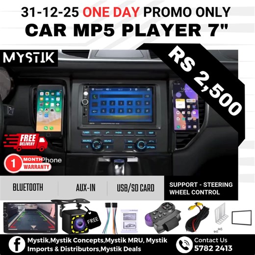 ✅ Buy with Confidence – Choose a Reliable Company! ✅ At 𝑴𝒀𝑺𝑻𝑰𝑲, we focus on quality, fast delivery, and customer satisfaction. When you shop with us, you’re not just buying a product – you’re investing in trusted service and guaranteed reliability. First-come, first-served basis only! Hurry, while supply lasts!💯 7 inch HD BT Touch Screen Car Stereo Radio MP5 Player FM/MP3/USB/AUX Promo : Rs 2,500✅✅ instead of Rs 4,200 ❌❌ Limited stock ‼️‼️‼️ Grab your now ‼️‼️‼️‼️‼️‼️ Features: 7 Inch HD 