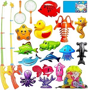 CozyBomB™ Magnetic Fishing Toys Game Set for Kids | Water Table Bathtub Kiddie Pool Party Pole Rod Net, Outdoor Plastic Floating Fish, Toddler Bath Color Ocean Sea Animals Birthday Gift Age 3-5 6 4-8