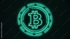 glowing green neon bitcoin icon on black background flickering subtly crypto currency animation futuristic look