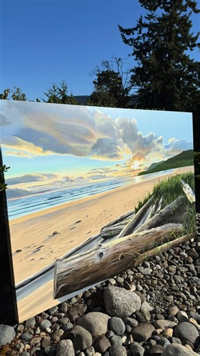 This was the breathtaking view from my campsite in Raft Cove, located at the north end of Vancouver Island. I love exploring these beautiful remote locations. Once I return to my studio, I transform my photographs into paintings, allowing others to also experience the beauty of British Columbia. “Ethereal,” 40x60 inch acrylic painting on deep canvas, is currently on display at the Bayside Restaurant & Lounge in Parksville, BC. To purchase contact the McMillan Art Centre at 250-248-8185. | Kelly 