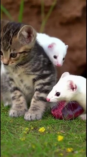 Baby Stoats playing with Kitten 🥩 #Shorts #kitten #cat #cute