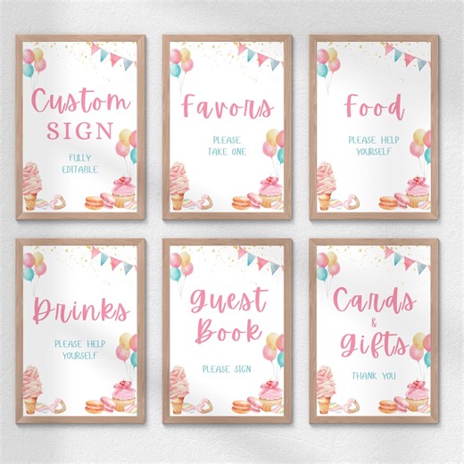 Sweet One First Birthday Table Signs | Dessert Donut Party Signs | 1st Birthday Girl Party Decor | Editable Canva Template - Etsy