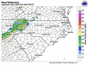 346 pm RADAR: Strong to severe T-storms will continue east towards the region through this evening. Storms should arrive near the western portions of the Triad around 5pm, impacting the afternoon commute. Stay safe!!!! #NCwx | US National Weather Service Raleigh NC