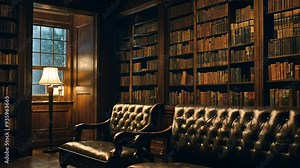 Video footage of classic home library or study room,dark wood bookcase filled with numerous books, a leather tufted sofa, and a lit table lamp providing warm light Stock Video