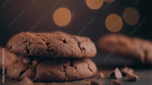 Stack of fresh baked chocolate cookies with chocolate chunks on a dark table, macro
