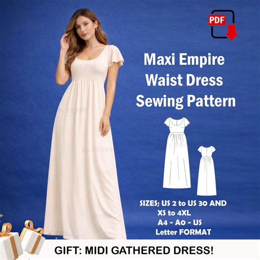 Maxi Empire Waist Dress Sewing Pattern PDF, Gathered Skirt Design, US Size 2-30 (PDF) - Etsy