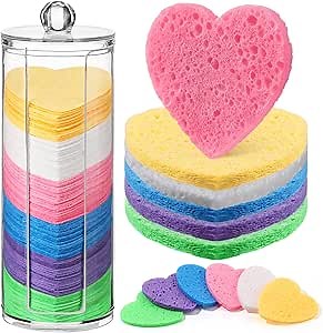 Sieral 120 Pcs Compressed Facial Sponges for Women with Container Disposable Face Sponge Pads for Washing Face Cleansing Exfoliating Esthetician Makeup Removal(Heart,Colorful)