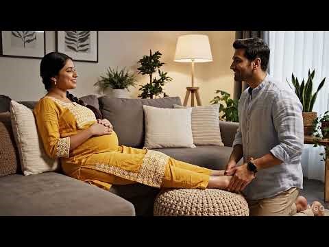 Pregnant woman seated on couch