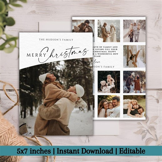 Editable Christmas Photo Collage Card Template, Modern Vertical Holiday Photo Card, Customizable Winter Greeting Design - Etsy