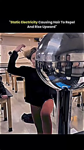 Founders on Instagram: "A Van de Graaff generator produces extremely high-voltage static electricity by building up electric charge on a smooth metal dome. When a person touches the dome, the charge spreads evenly across the surface of the body. Each strand of hair gains the same type of electric charge, and because like charges repel, the hairs push away from one another and rise upward. The effect is strongest on long, dry hair because dry air slows the loss of charge, allowing the repulsion t