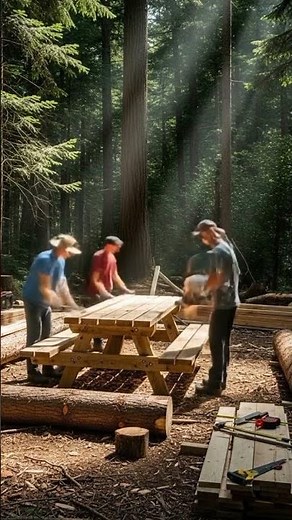 Building a Wooden Picnic Table in the Forest | Amazing Woodworking Process