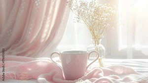 pink coffee cup on the table in the room with morning light from window. woman room decorated in pink pastel tone, good vibe, flower bouquet in glass vase