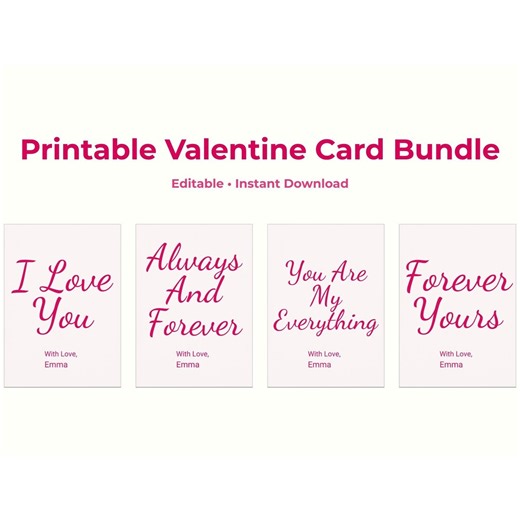 Printable Valentine Card Bundle | Editable Love Cards | Instant Download Romantic Greeting Cards - Etsy